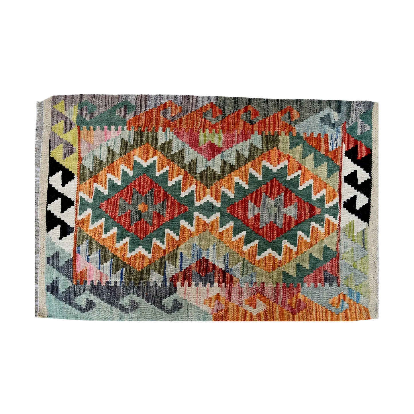 Close-up of Afghan Chobi Kilim wool rug showing orange twin diamond motifs, sage ground and colourful zigzag border
