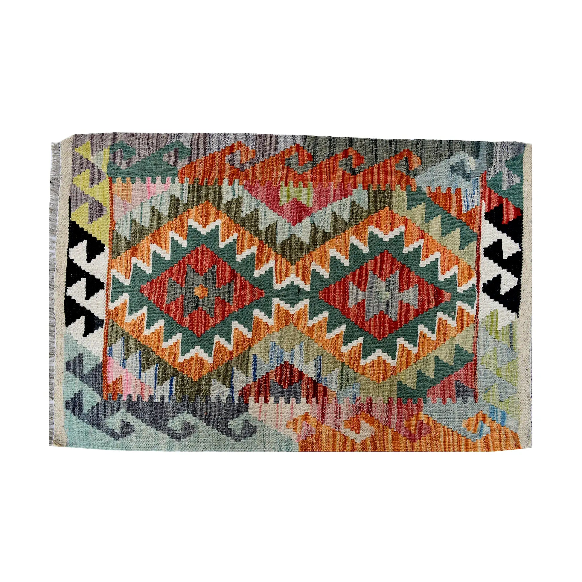 Close-up of Afghan Chobi Kilim wool rug showing orange twin diamond motifs, sage ground and colourful zigzag border