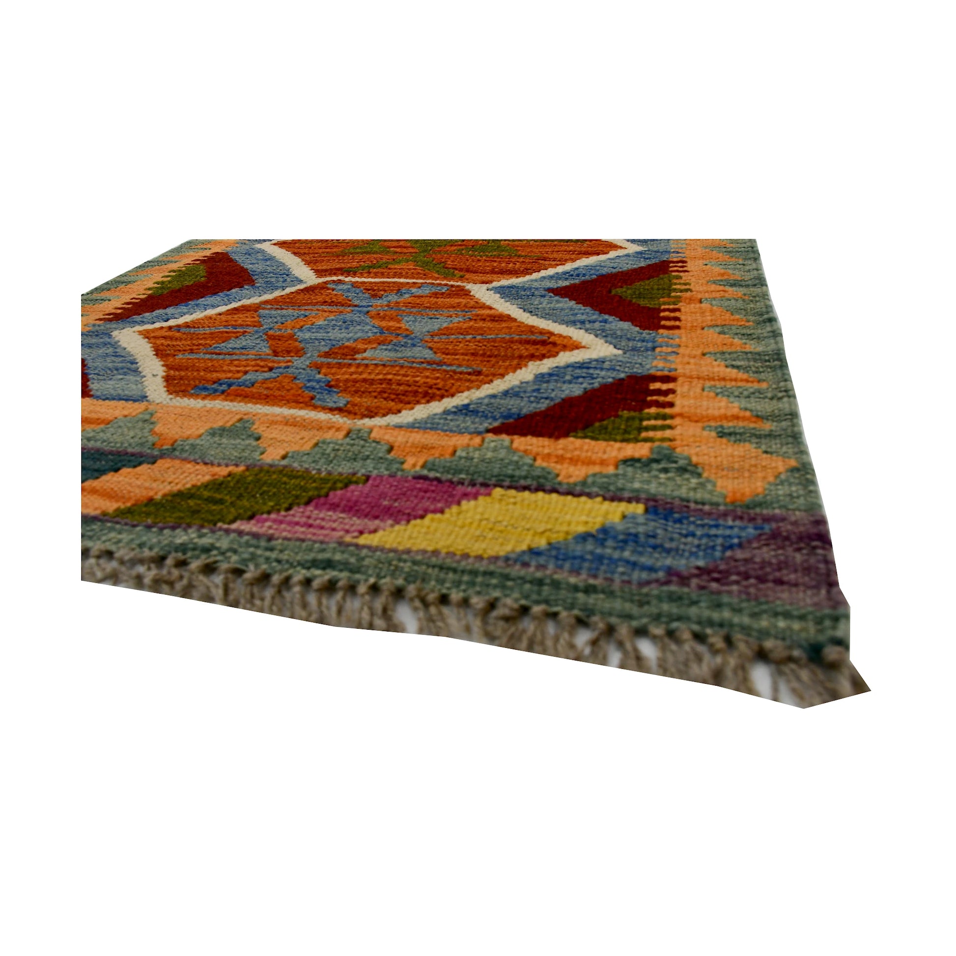 Angled fringe and flatweave detail of Afghan Chobi Kilim wool rug showing rust, blue, olive and geometric border pattern