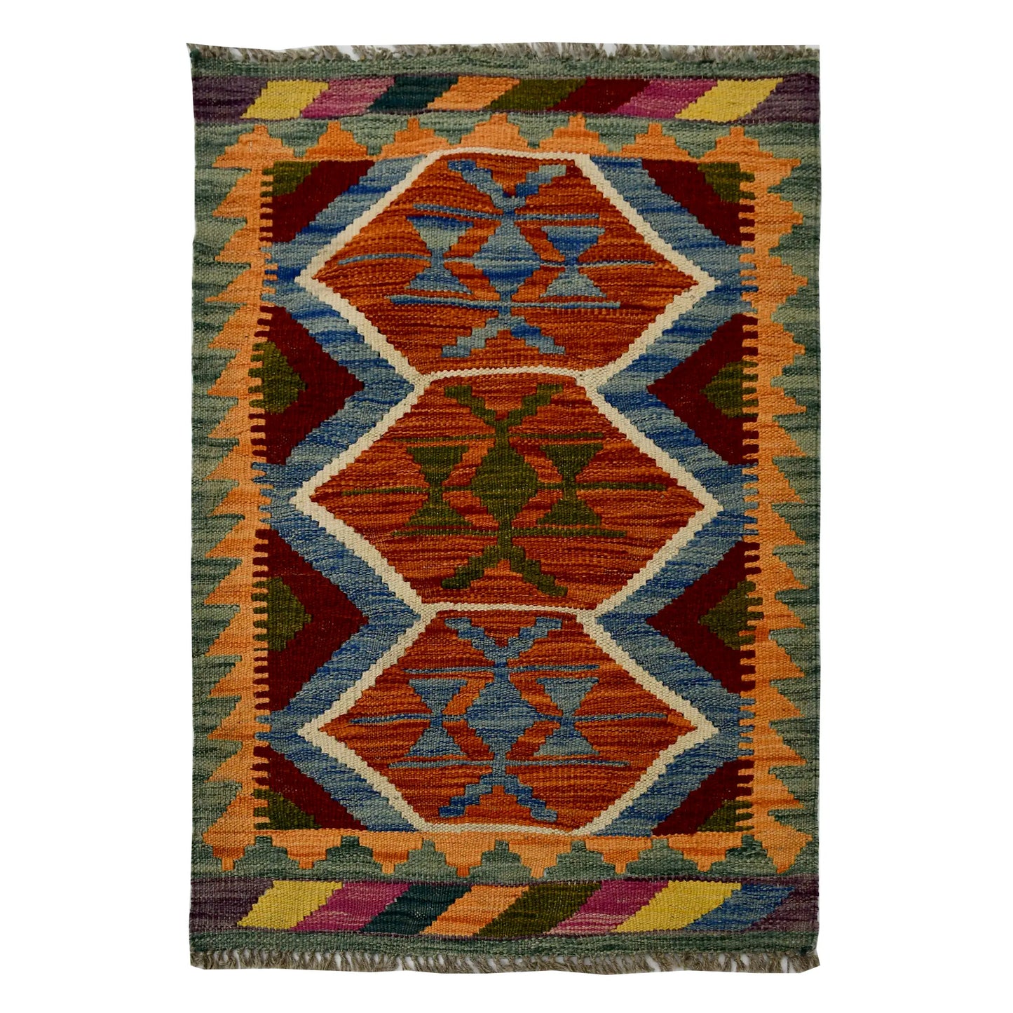 Afghan Chobi Kilim wool rug 94 x 63 cm full view with rust blue zigzag medallion panel, olive border and fringe