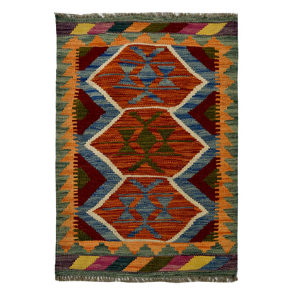 Afghan Chobi Kilim wool rug 94 x 63 cm full view with rust blue zigzag medallion panel, olive border and fringe
