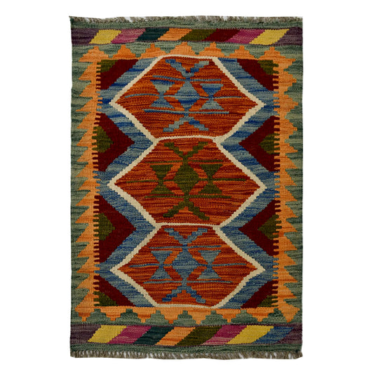 Afghan Chobi Kilim wool rug 94 x 63 cm full view with rust blue zigzag medallion panel, olive border and fringe