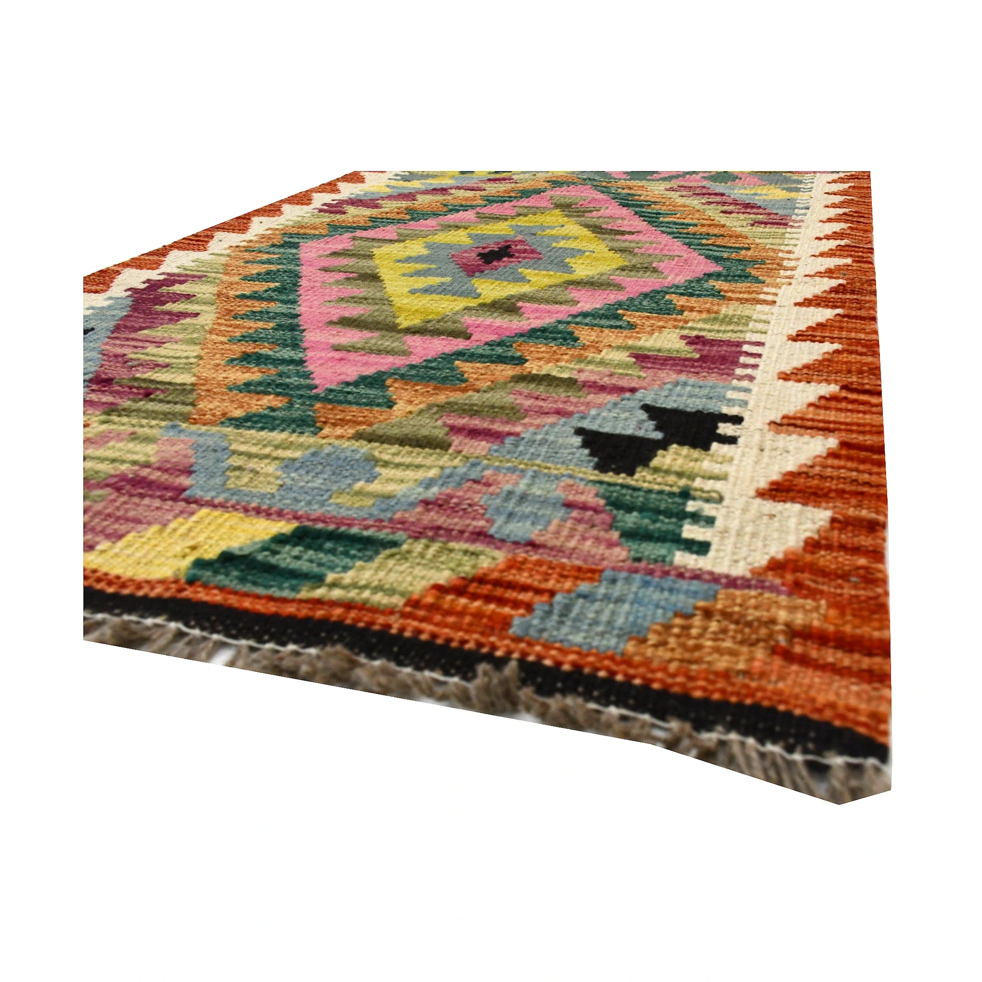 Afghan Chobi Kilim 95 x 66 cm angled detail showing flatweave texture and fringe