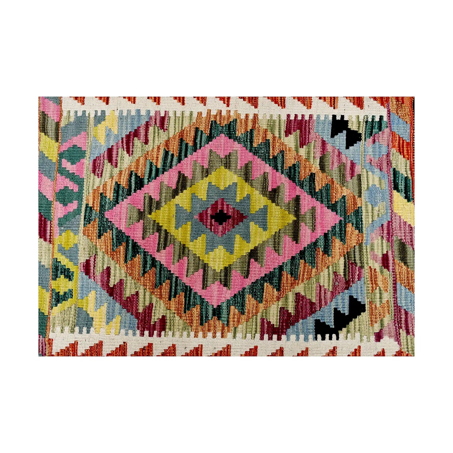 Afghan Chobi Kilim wool rug 95 x 66 cm front view with colourful geometric bands