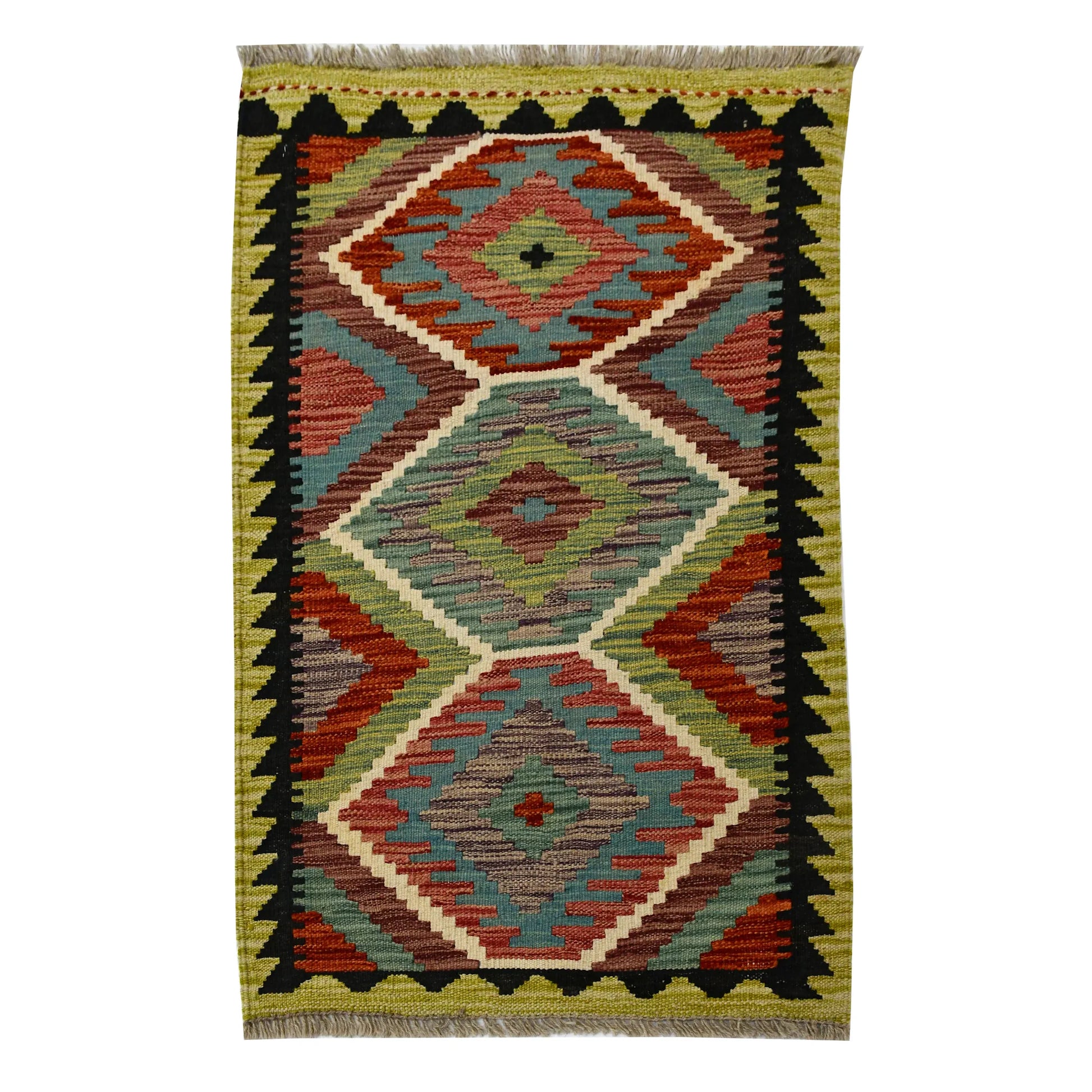 Afghan Chobi Kilim wool rug 96 x 64 cm full view with sage green, soft blue and rust-orange triple diamond panel