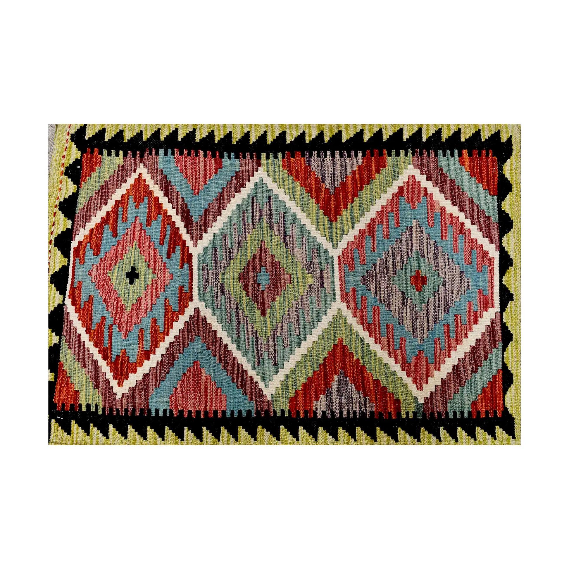 Close-up of Afghan Chobi Kilim wool rug showing sage green and soft blue field with rust-orange diamond motifs and black border detail