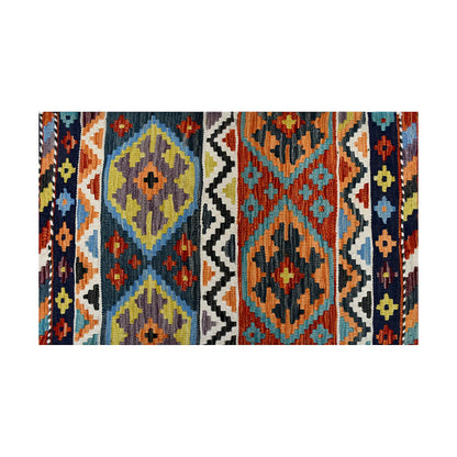 Close-up of Afghan Chobi Kilim wool rug showing banded geometric pattern with sky blue, rust, ivory and black motifs