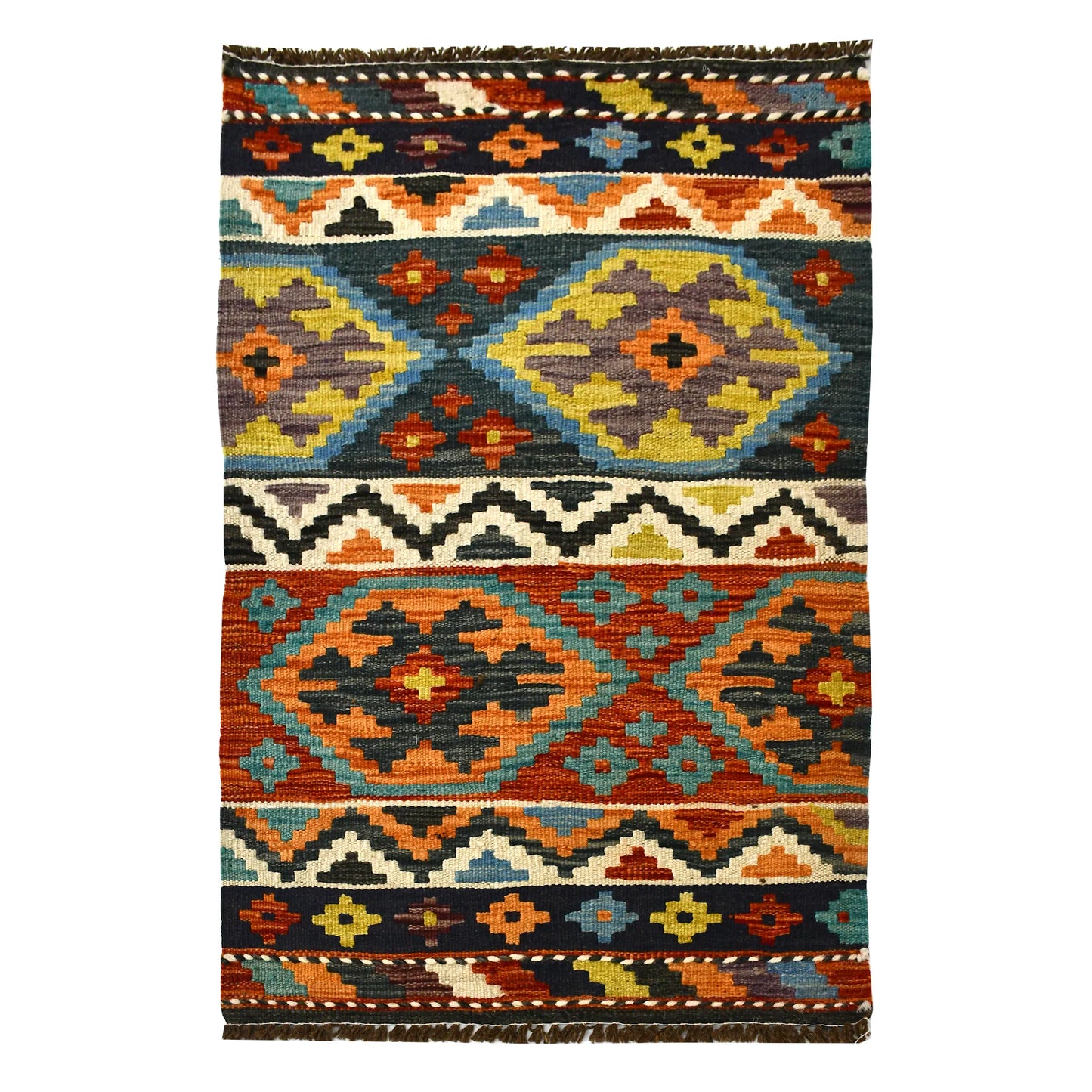 Afghan Chobi Kilim wool rug 97 x 58 cm full view with sky blue, rust and ivory banded geometric pattern