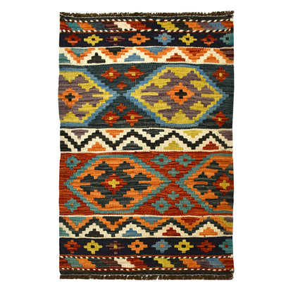 Afghan Chobi Kilim wool rug 97 x 58 cm full view with sky blue, rust and ivory banded geometric pattern