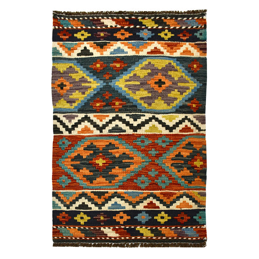 Afghan Chobi Kilim wool rug 97 x 58 cm full view with sky blue, rust and ivory banded geometric pattern