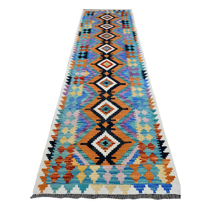 Full view of Afghan Chobi Kilim wool runner with a black diamond spine and multicoloured stepped motifs, 291 x 80 cm