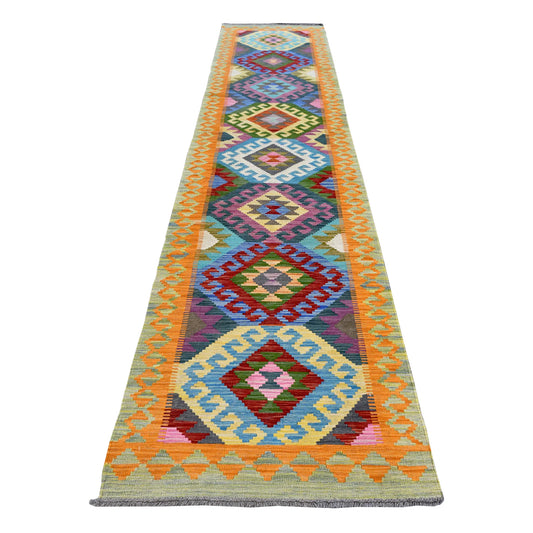 Full view of Afghan Chobi Kilim wool runner with orange borders and repeating multicoloured diamond medallions, 386 x 86 cm