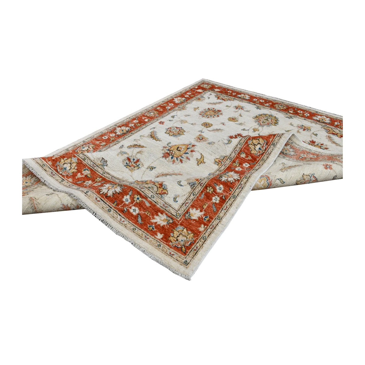 Folded view of Afghan Chobi hand-knotted wool rug showing its floral pile, off-white field and rust-red border