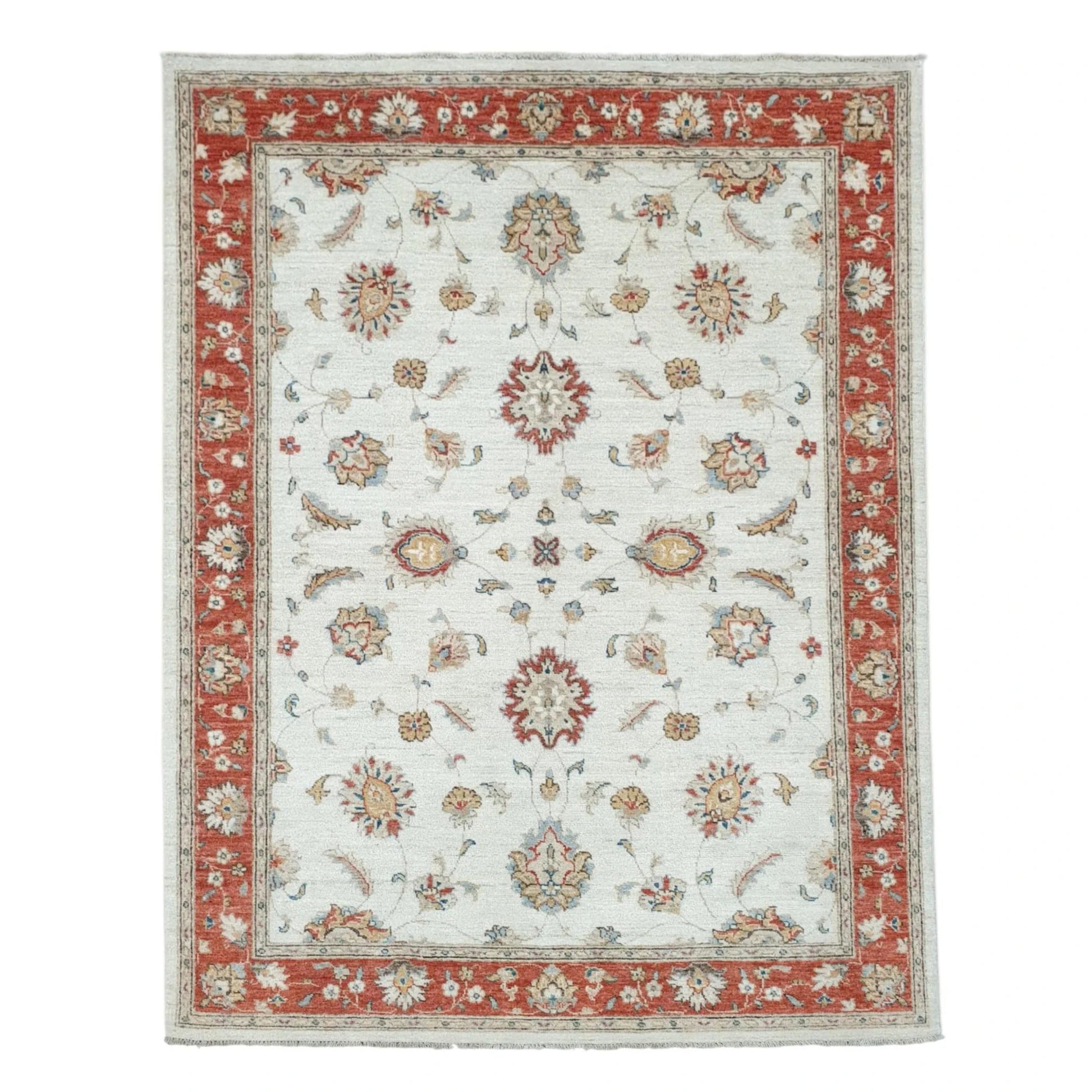 Full view of Afghan Chobi red border rug 193 x 143 cm with off-white floral field