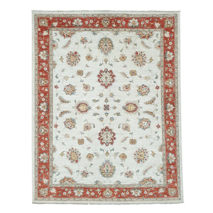Full view of Afghan Chobi red border rug 193 x 143 cm with off-white floral field