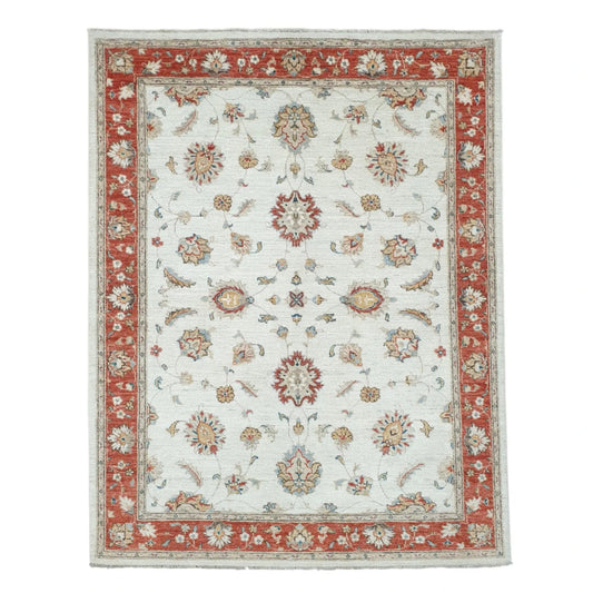 Full view of Afghan Chobi red border rug 193 x 143 cm with off-white floral field