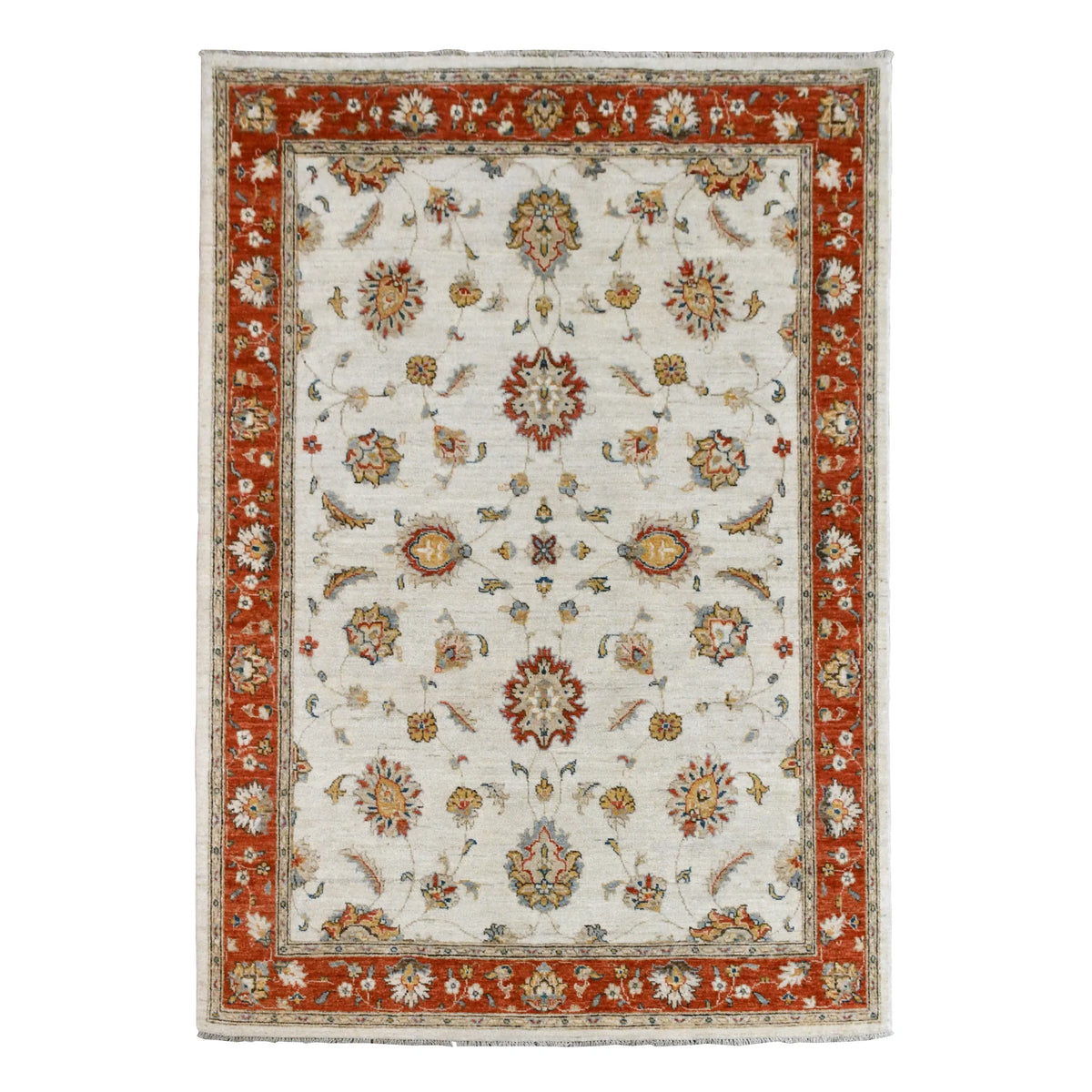Full view of Afghan Chobi hand-knotted wool rug with an off-white floral field and rust-red border, 193 x 143 cm