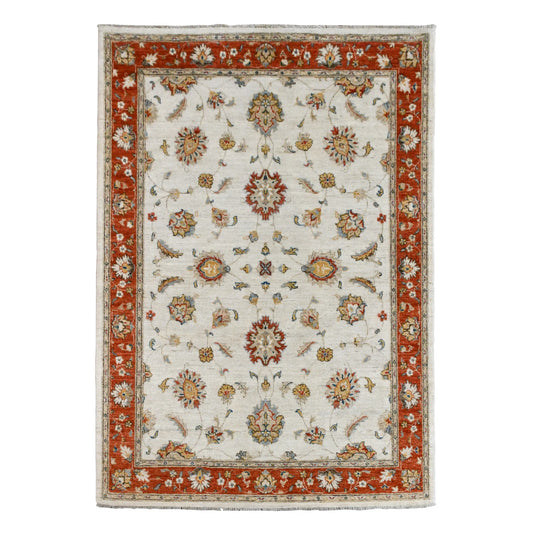 Full view of Afghan Chobi hand-knotted wool rug with an off-white floral field and rust-red border, 193 x 143 cm