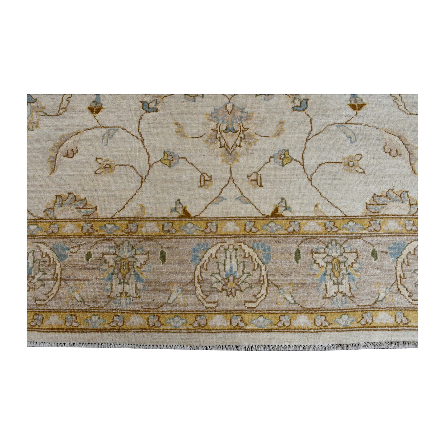 Field and border detail of Afghan Chobi rug showing tan vinework, stylised floral motifs and pale blue accents
