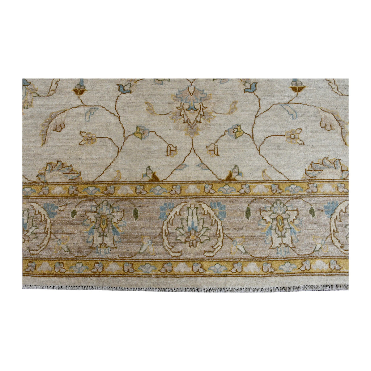 Field and border detail of Afghan Chobi rug showing tan vinework, stylised floral motifs and pale blue accents