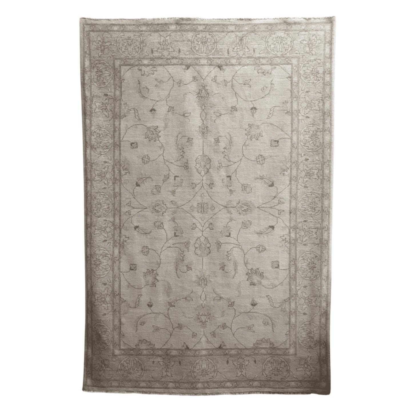 Full view of Afghan Chobi soft beige rug 272 x 182 cm with delicate floral pattern