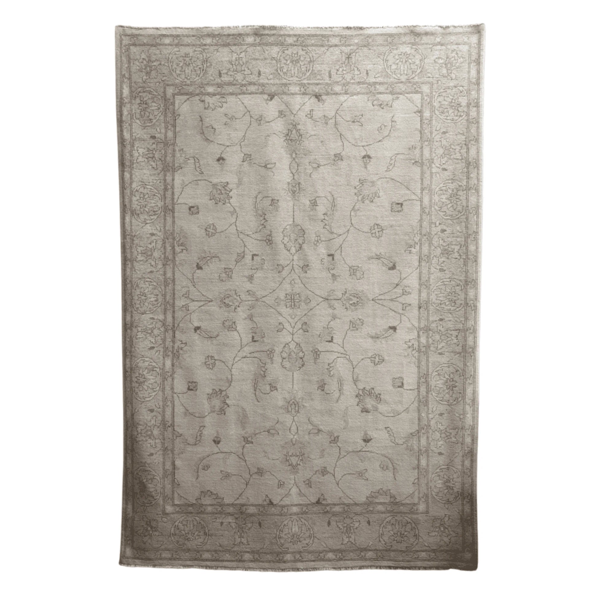 Full view of Afghan Chobi soft beige rug 272 x 182 cm with delicate floral pattern