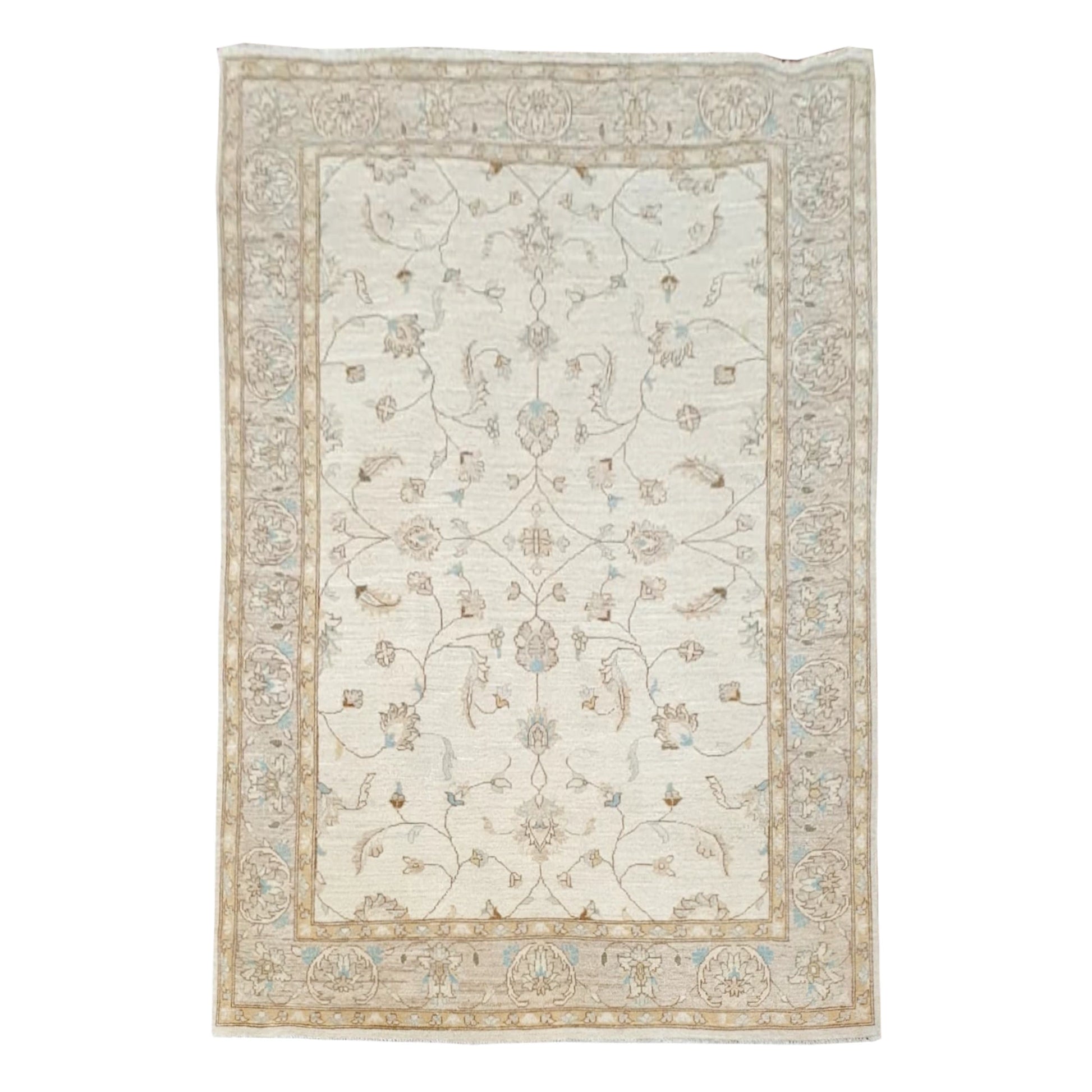 Full view of Afghan Chobi soft beige floral rug displayed flat, showing pale blue accents and layered border, 272 x 182 cm