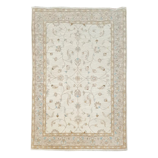 Full view of Afghan Chobi soft beige floral rug displayed flat, showing pale blue accents and layered border, 272 x 182 cm