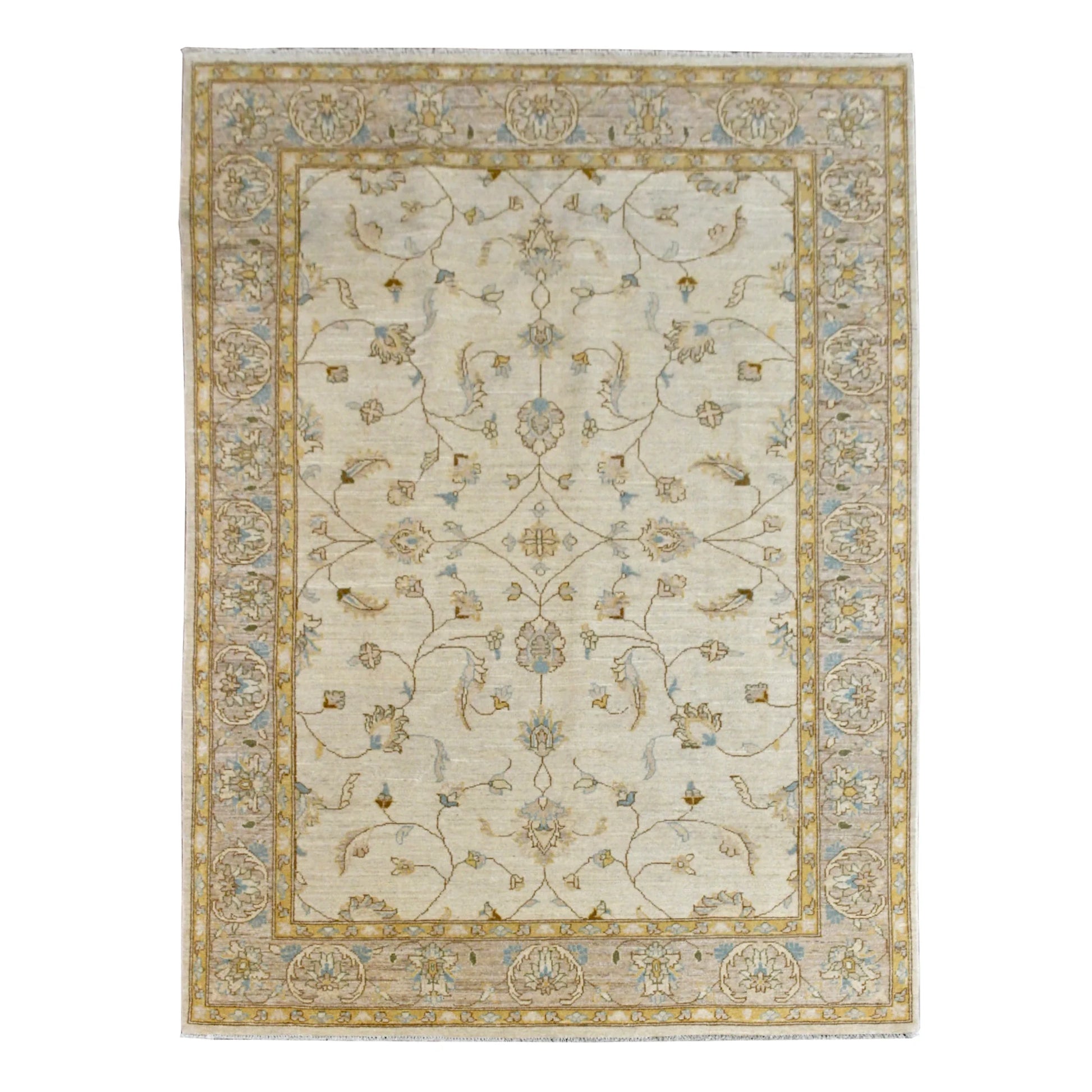 Full view of Afghan Chobi soft beige floral rug displayed flat, showing pale blue accents and layered border, 272 x 182 cm