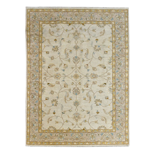 Full view of Afghan Chobi soft beige floral rug displayed flat, showing pale blue accents and layered border, 272 x 182 cm