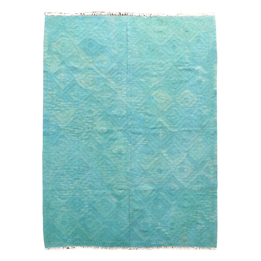Full view of Afghan Chobi wool kilim with blue-green colour, a subtle diamond lattice and ivory fringe, 231 x 171 cm