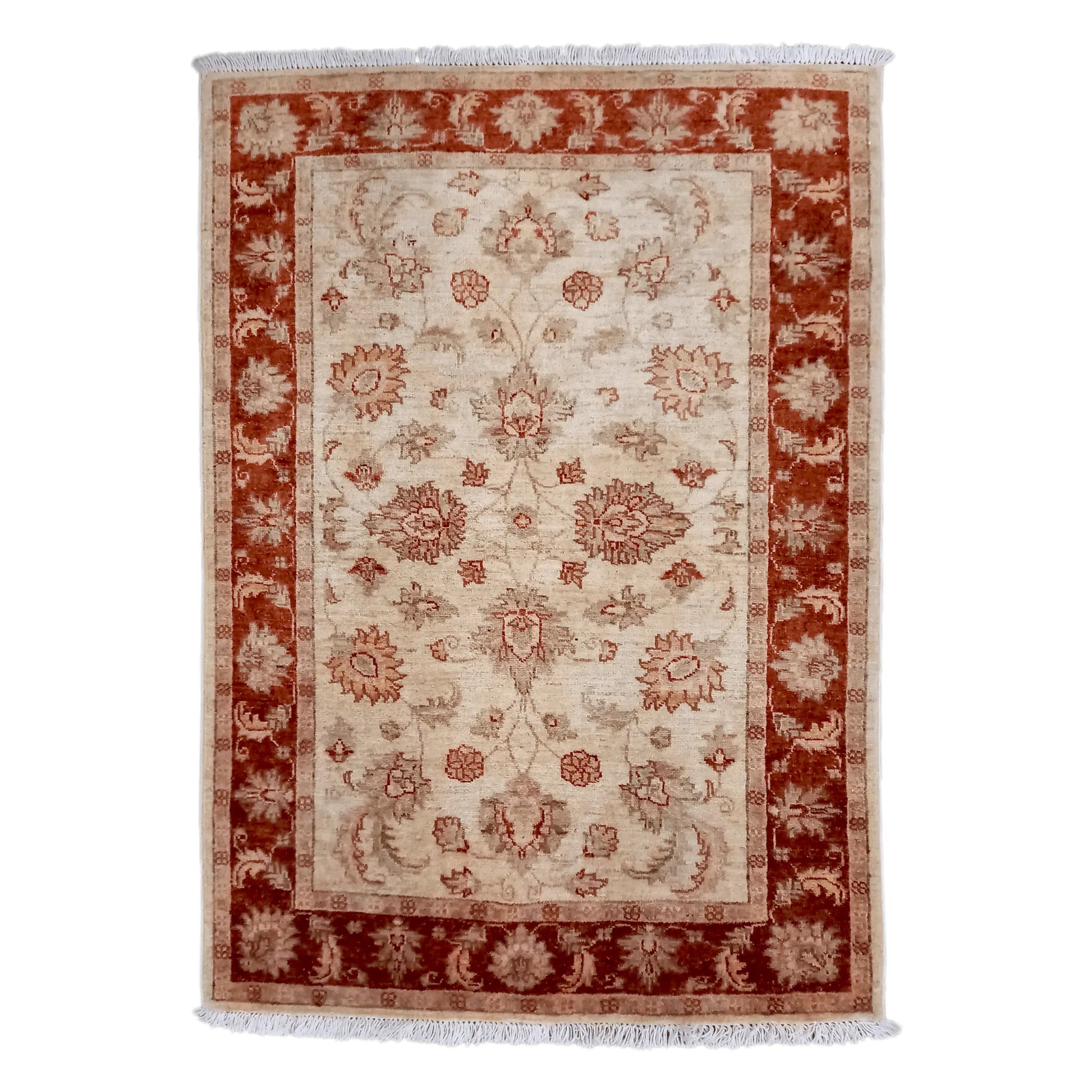 Full view of Afghan Chobi wool rug, 141 x 103 cm, with an ivory floral field and rust-red border