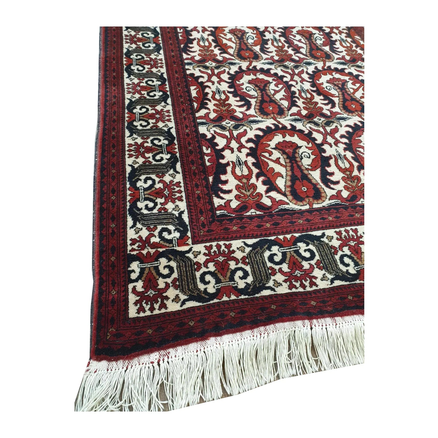Close-up of Afghan Ersari wool rug showing border detail, fringe edge and hand-knotted pile texture, 155 x 104 cm