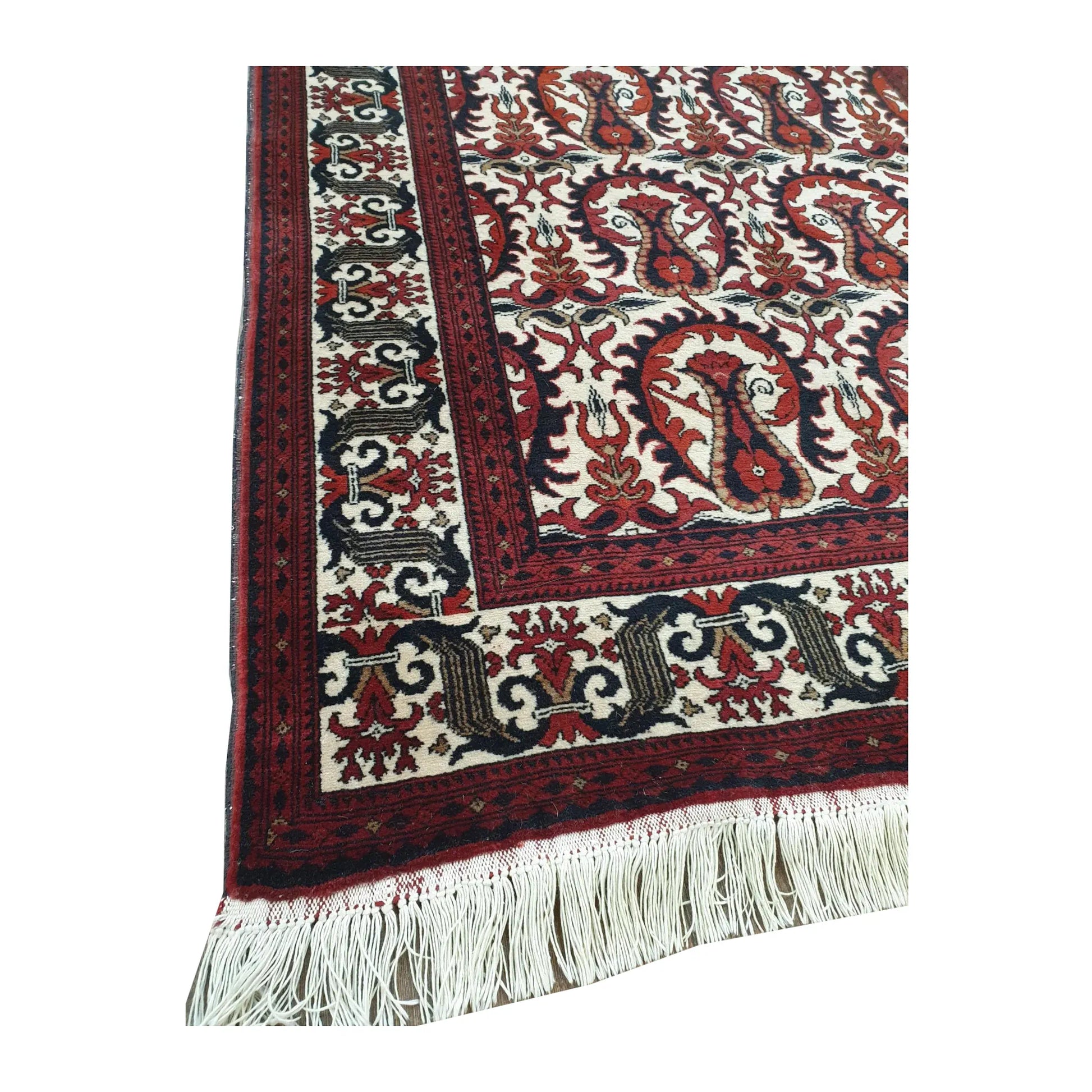 Close-up of Afghan Ersari wool rug showing border detail, fringe edge and hand-knotted pile texture, 155 x 104 cm