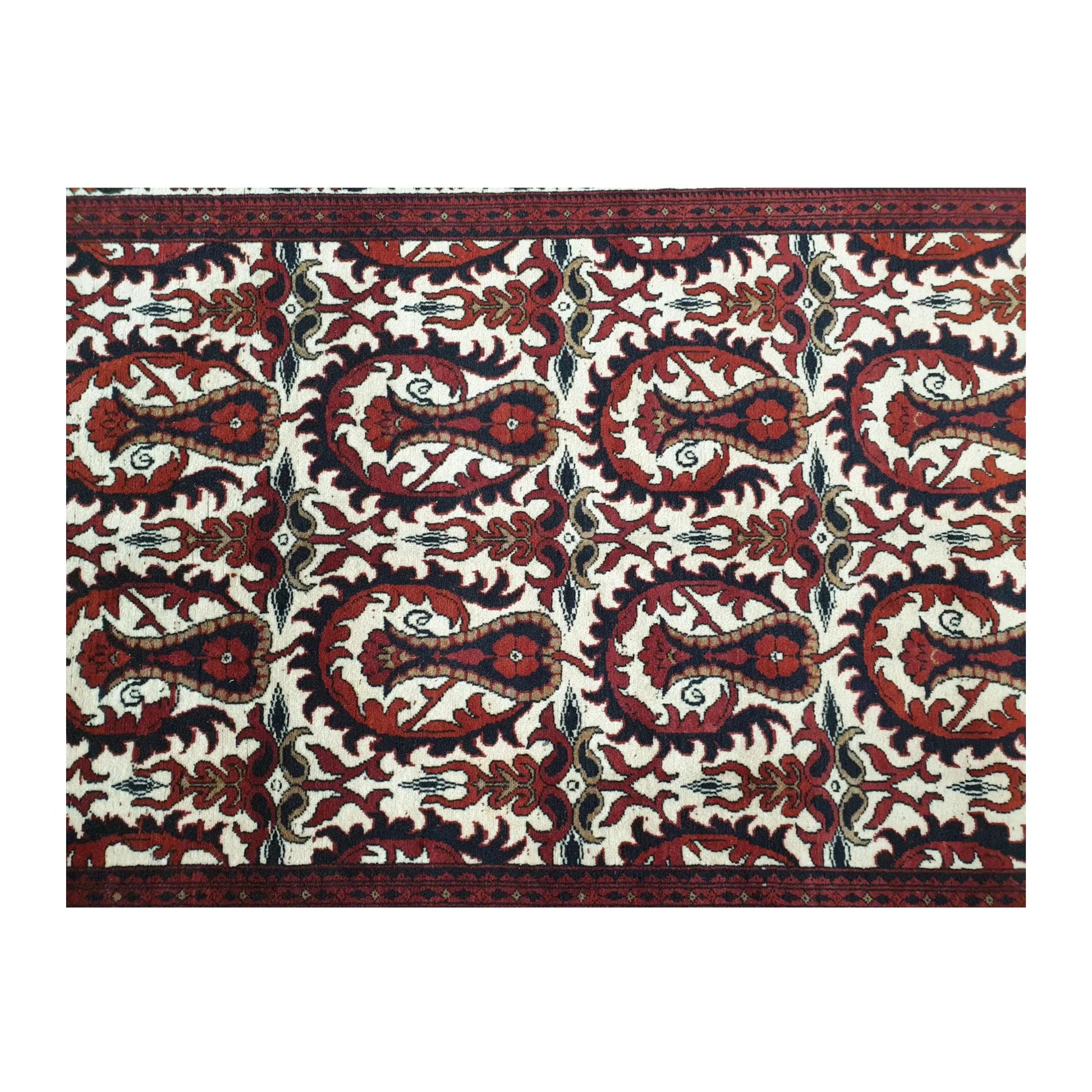 Detail of Afghan Ersari Fine hand-knotted wool rug showing red field, cream motifs and framed border, 155 x 104 cm