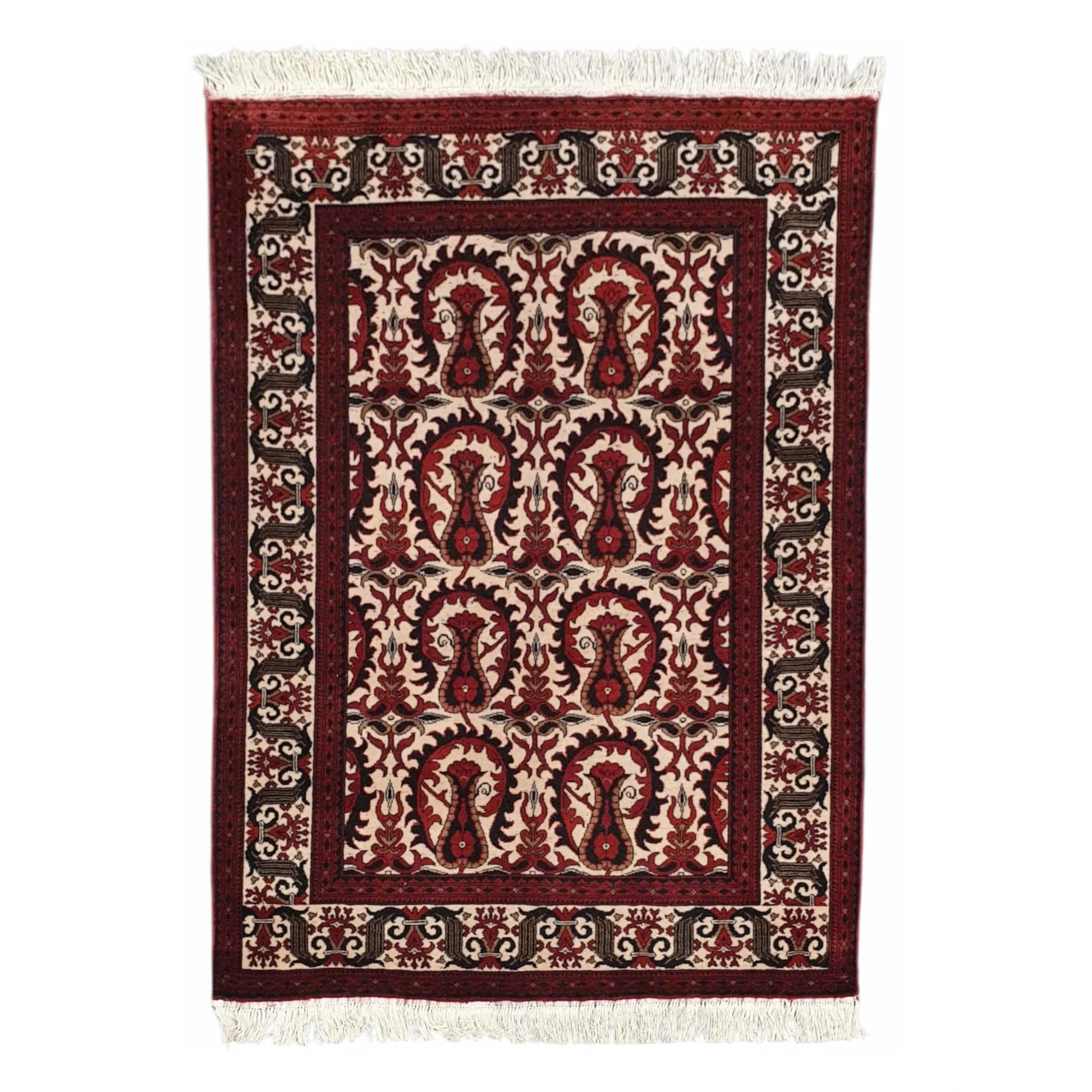 Full view of Afghan Ersari Fine hand-knotted wool rug with deep rustic red field, cream motifs and detailed border, 155 x 104 cm