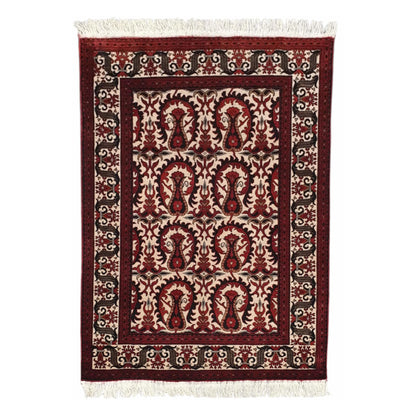 Full view of Afghan Ersari Fine hand-knotted wool rug with deep rustic red field, cream motifs and detailed border, 155 x 104 cm