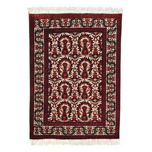 Full view of Afghan Ersari Fine hand-knotted wool rug with deep rustic red field, cream motifs and detailed border, 155 x 104 cm
