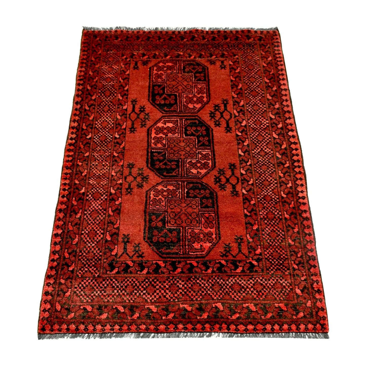 Angled full view of Afghan Ersari hand-knotted wool rug showing red field, dark motifs and geometric border, 155 x 105 cm