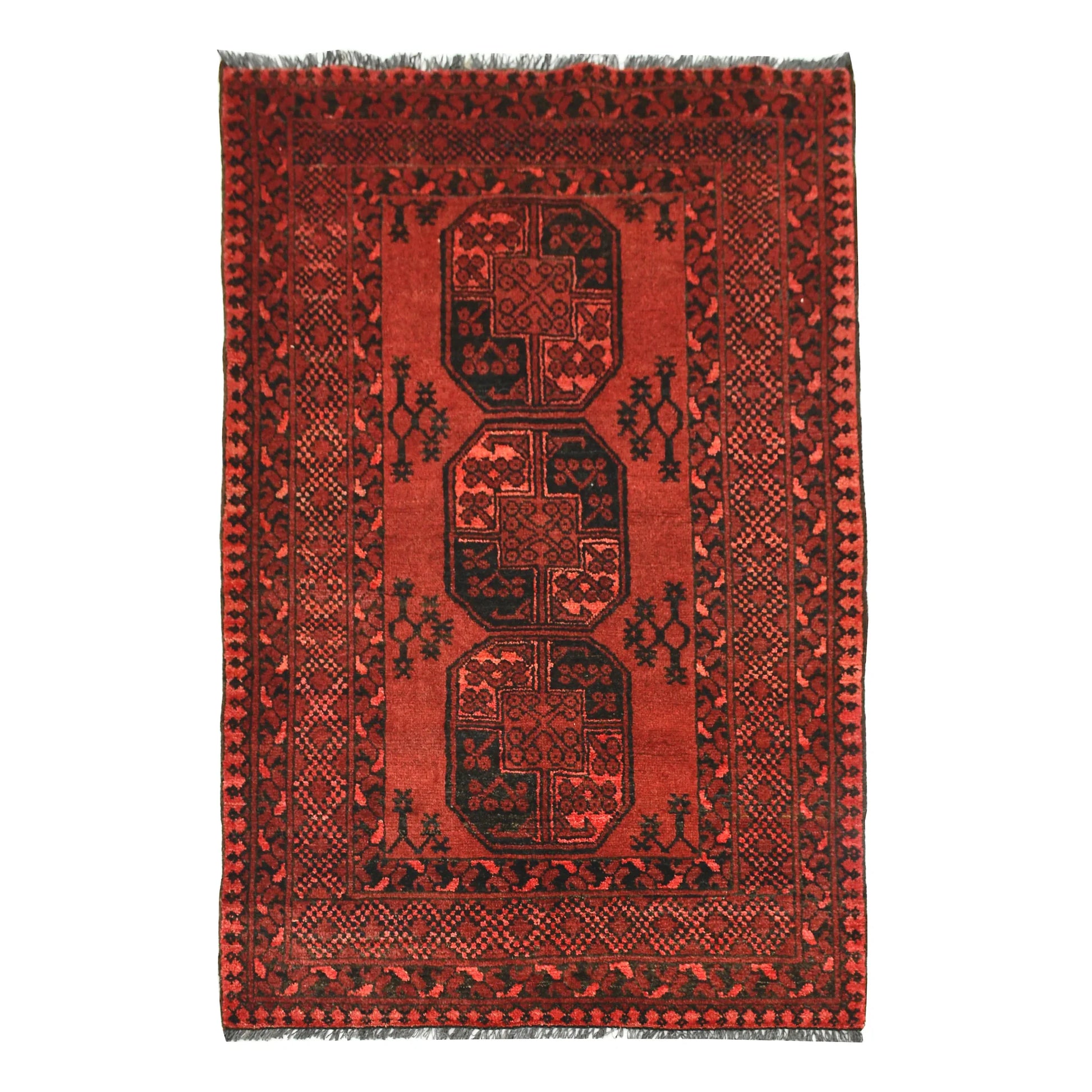 Full straightened view of Afghan Ersari hand-knotted wool rug with red field and three central medallions, 155 x 105 cm