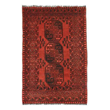 Full straightened view of Afghan Ersari hand-knotted wool rug with red field and three central medallions, 155 x 105 cm