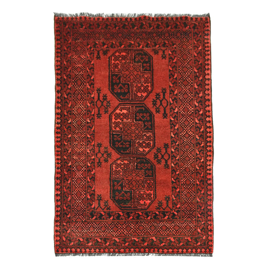 Full straightened view of Afghan Ersari hand-knotted wool rug with red field and three central medallions, 155 x 105 cm