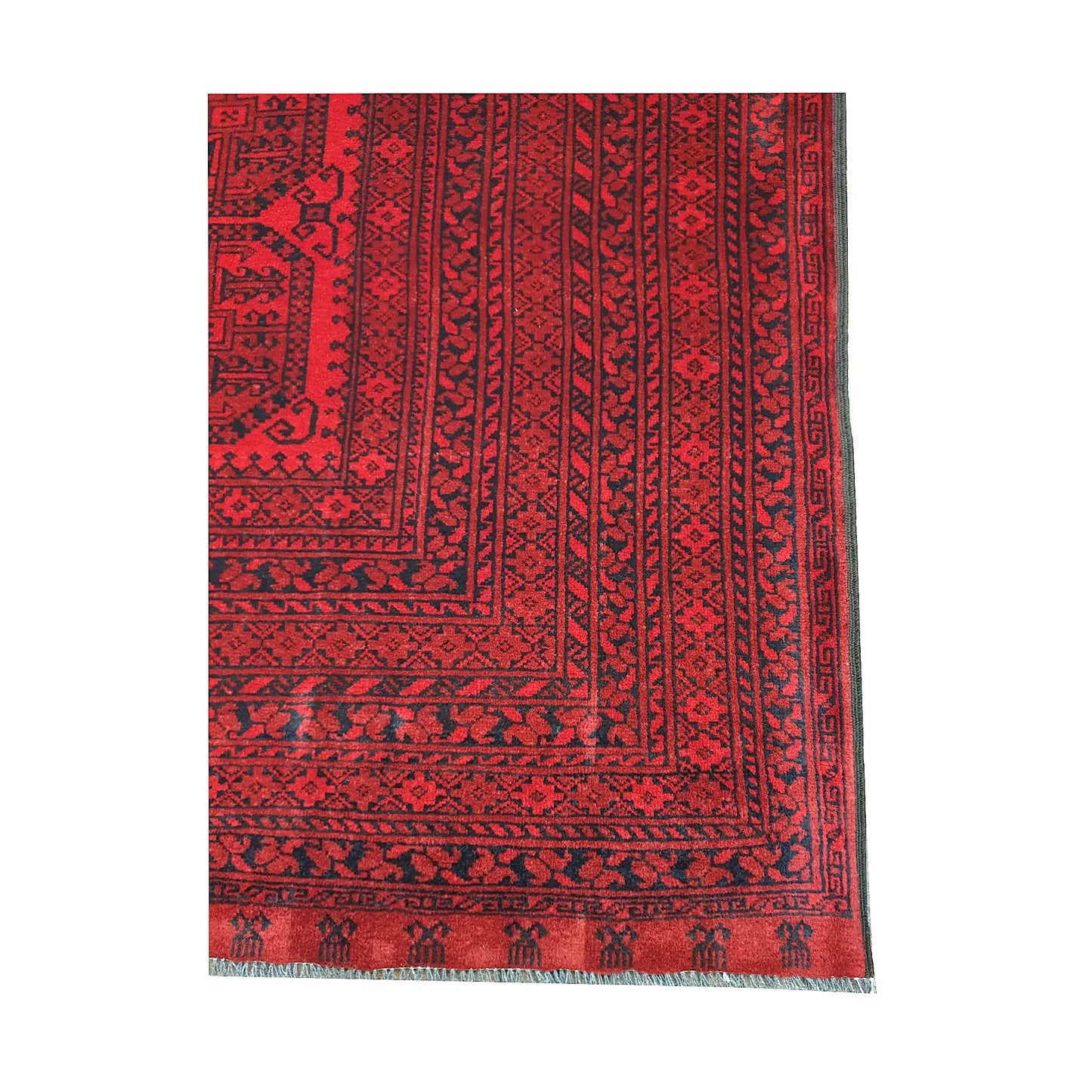 Corner border detail of Afghan Ersari rug showing layered red, burgundy and charcoal tribal motifs