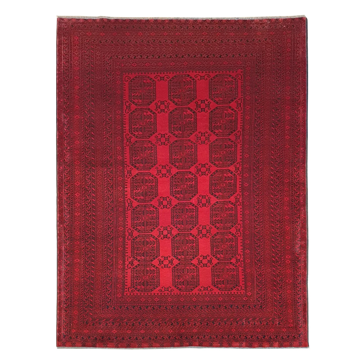 Afghan Ersari hand-knotted wool rug 284 x 198 cm full view with tonal red gul field, dark border and fringe