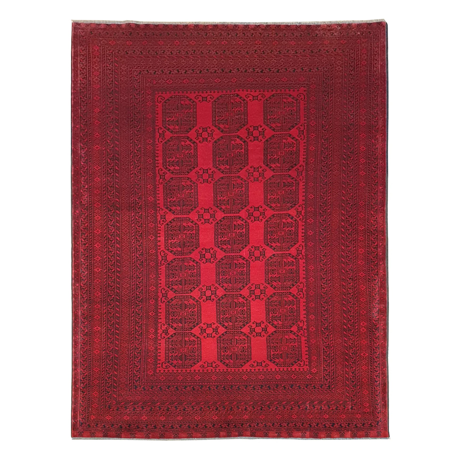 Afghan Ersari hand-knotted wool rug 284 x 198 cm full view with tonal red gul field, dark border and fringe