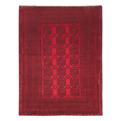 Afghan Ersari hand-knotted wool rug 284 x 198 cm full view with tonal red gul field, dark border and fringe