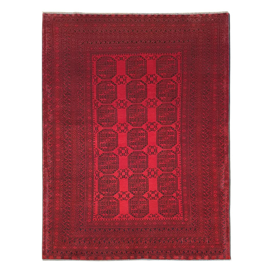 Afghan Ersari hand-knotted wool rug 284 x 198 cm full view with tonal red gul field, dark border and fringe