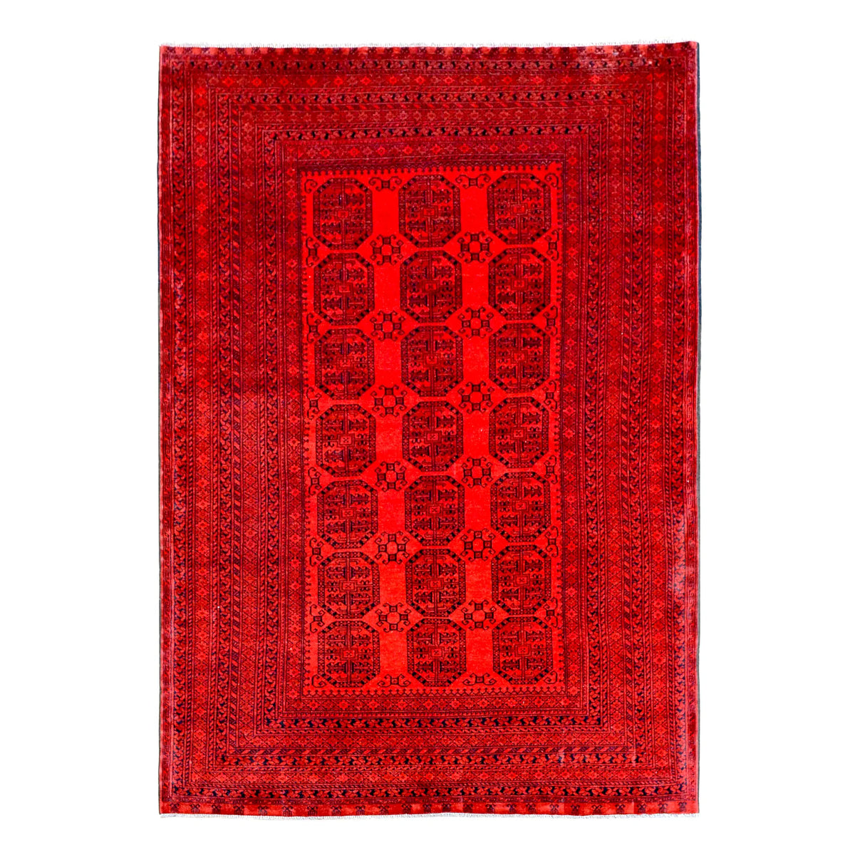 Full view of Afghan Ersari hand-knotted wool rug with tonal deep-red gul field and layered dark borders, 284 x 198 cm