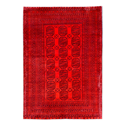 Full view of Afghan Ersari hand-knotted wool rug with tonal deep-red gul field and layered dark borders, 284 x 198 cm