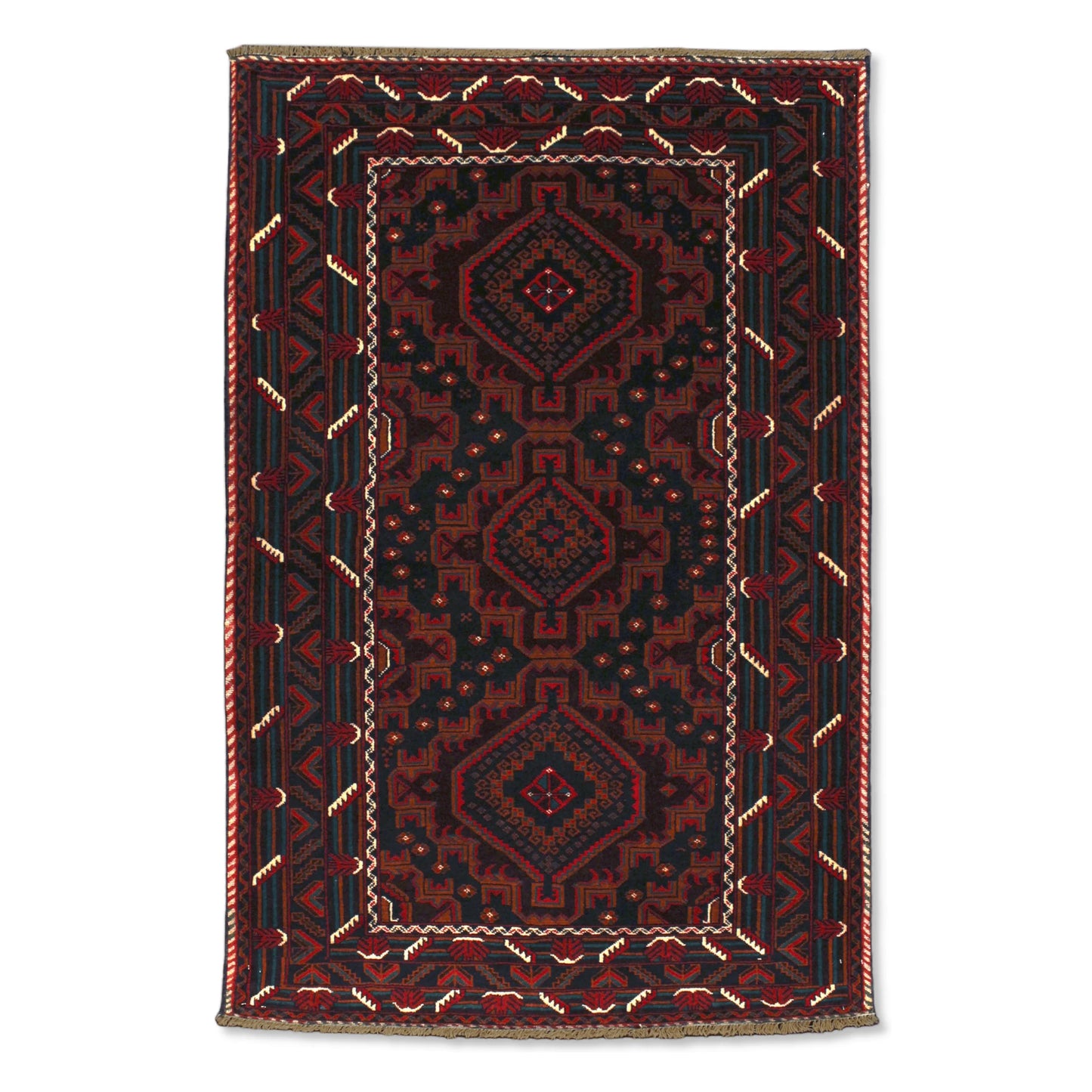 Full view of Afghan Fine Baluchi hand-knotted wool rug with deep red field, three diamond medallions and layered geometric borders, 184 x 121 cm